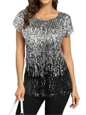 NEW Pretty Guide Sequins Blouse Black Silver Lined Womens Sz M Cap Sleeve NIP